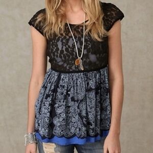 Anthropologie Free People lace & paisley print short sleeve  top